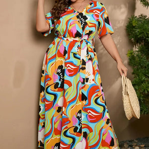 plus size New best-selling oversized loose V-neck dress for women with elastic waist  short sleeved printed long skirt