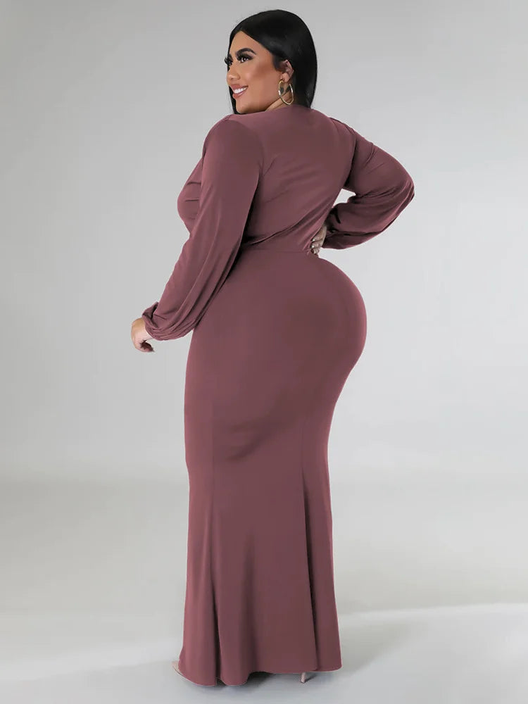 Wmstar Plus Size Party Dresses for Women Long Sleeve Stretch Sexy V Neck Elegant Maxi Dress Fall Clothes Wholesale Dropshipping