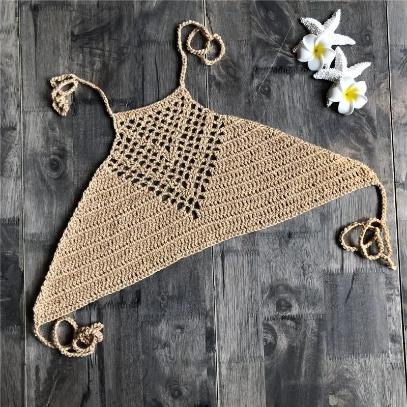 Hand Crochet Bikini Womens Sexy Beach Handmade Crochet Wrap Neck Bikini Bra Swimwear Swimwear Beachwear Womens Tops