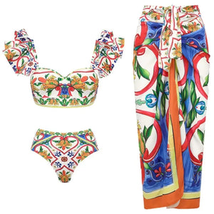 Retro Bikini Printed Fashion Two Piece Swimsuit And Cover Up With Pants Tight Women's Bandage Summer Beach Luxury Elegant