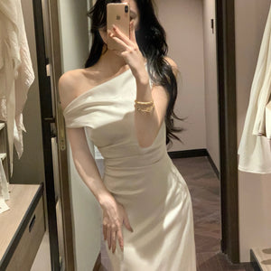 Women Elegant Solid Evening Party Dresses Summer Fashion Korean Graduation Formal Dress Off Shoulder Slim Vestidos Clothing