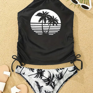 2024 Sexy Solid Print Tankini Set Tied Halter Swimsuit Women Swimwear Biquinis Summer Backless Beach Bathing Suit