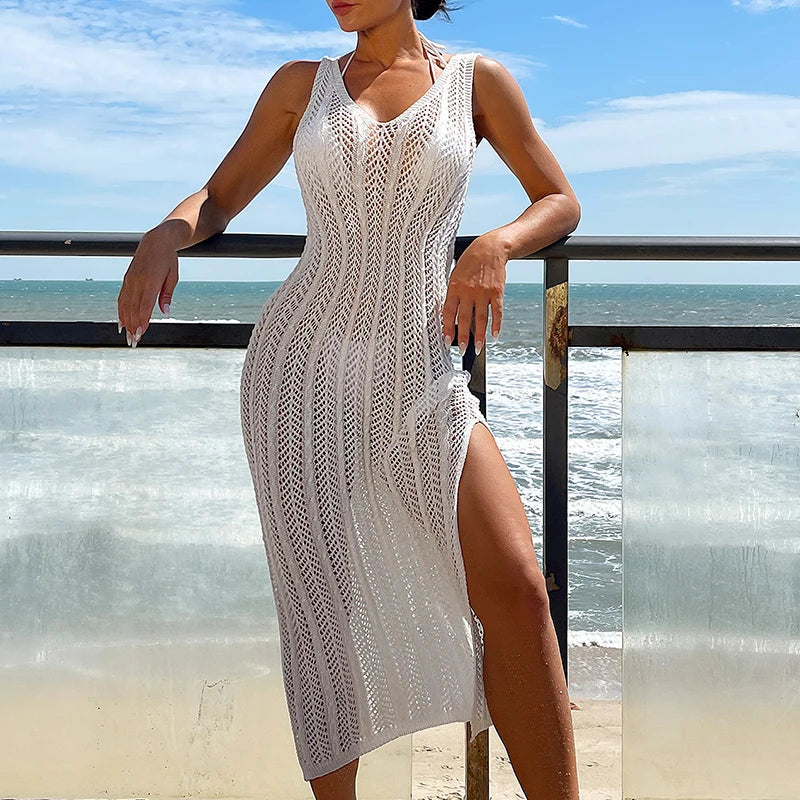 Summer Knitted Beach Dress Women Elegant Fashion Long Dresses Summer Slim Bohemian Holiday Outfits 2024 Beachwear Cover Ups