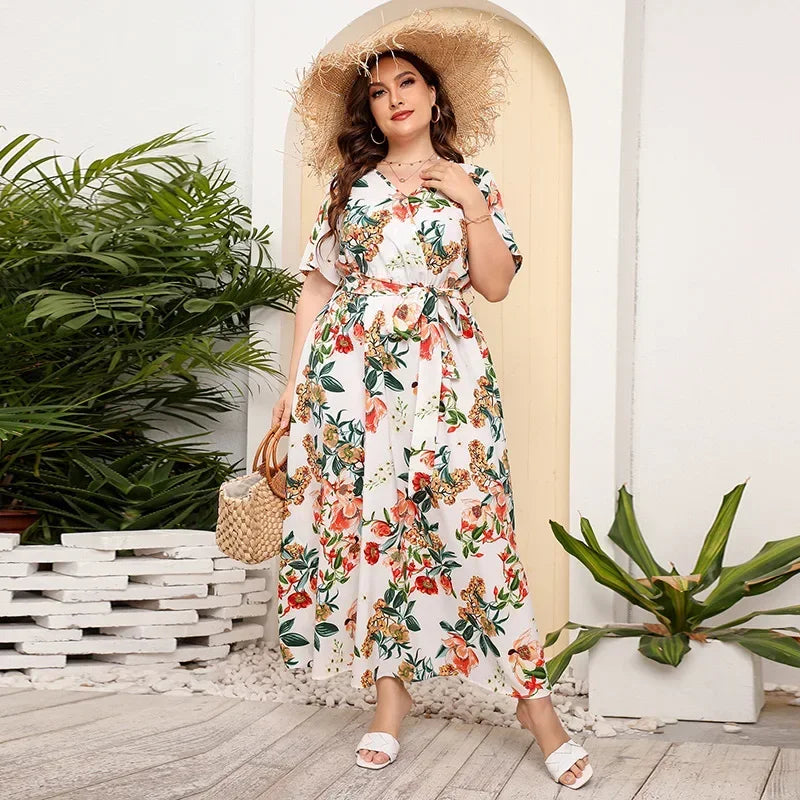 plus size New best-selling oversized loose V-neck dress for women with elastic waist  short sleeved printed long skirt