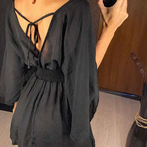 New Sexy V Neck Long Sleeve Backless Chiffon Tunic Beach Cover Up Beach Cover-ups Beach Dress Beach Wear Beachwear V3840