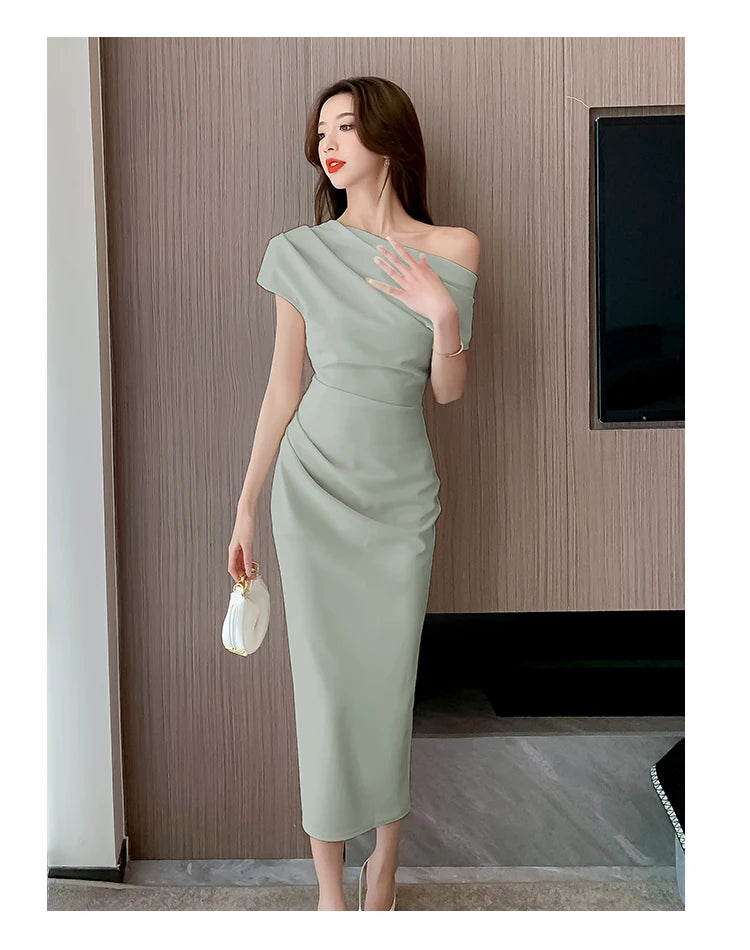 Elegant Off Shoulder Evening Party Dresses Women Summer Fashion Slim One Piece Solid Vestidos Korean Graduation Robe Clothing