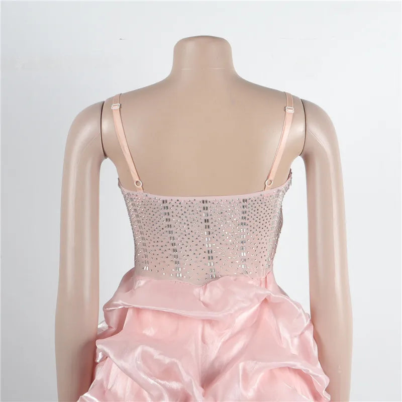 New Women Summer Strap Mesh Patchwork Diamonds Sexy Party Ball Gown Dresses 2023 Fashion Rhinestone Night Club Cake Dress White