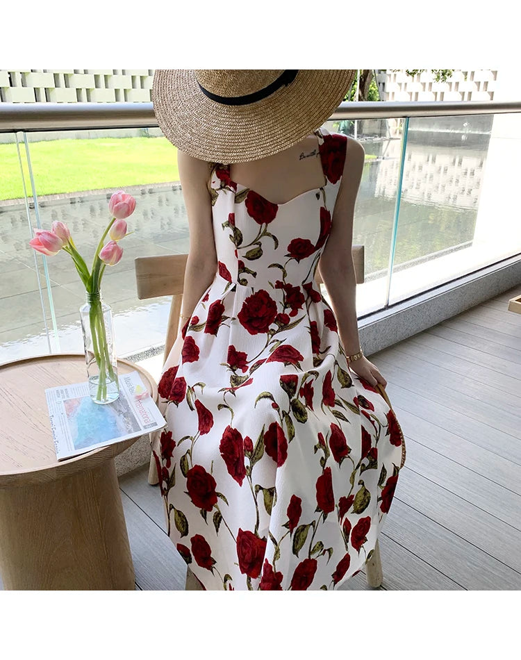 Women's Summer Elegant Floral Print Rose Strap Midi Dress Sleeveless Casual Beach Party Sundress Female Fashion A-Line Vestidos