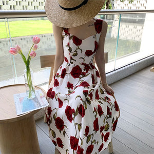 Women's Summer Elegant Floral Print Rose Strap Midi Dress Sleeveless Casual Beach Party Sundress Female Fashion A-Line Vestidos