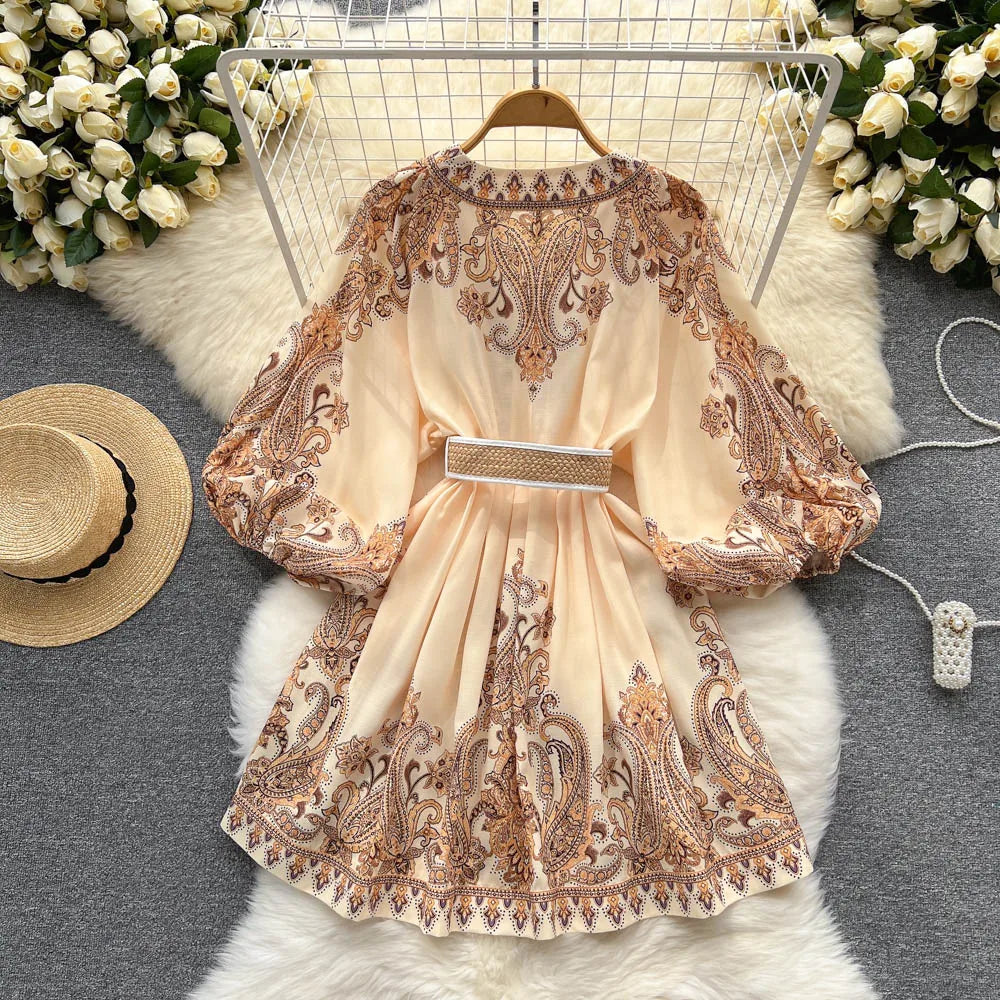 AELEWELL Women Dresses Spring 2024 Runway Fashion Paisley Print Vintage Dress V Neck Long Lantern Sleeve Belted Mini Dress