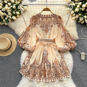 AELEWELL Women Dresses Spring 2024 Runway Fashion Paisley Print Vintage Dress V Neck Long Lantern Sleeve Belted Mini Dress