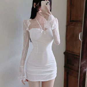 Sexy Lace Patchwork Long Sleeve Dress for Women Korean Skinny Lace-Up Design Bag Hip Dresses Woman Summer Night Club White Dress