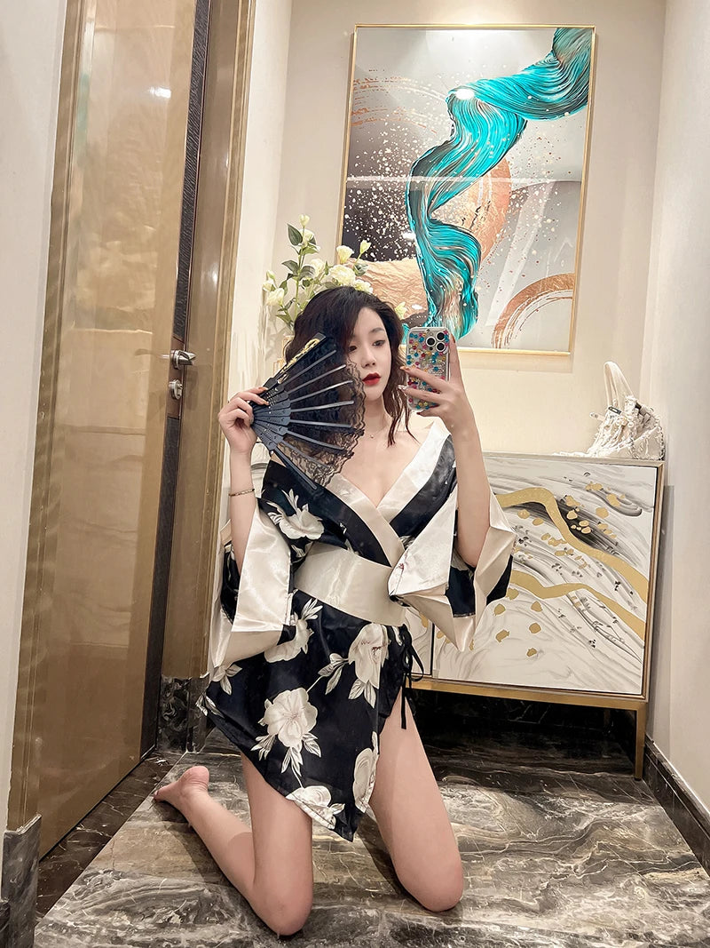 Japanese Kimono Sexy Cosplay Outfit for Women Traditional Style Robe Yukata Sakura Costume Pajamas Soft Silk Belt Lingerie Porno