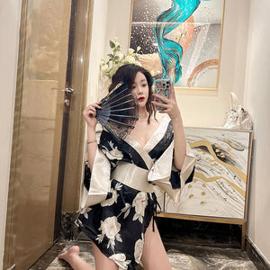 Japanese Kimono Sexy Cosplay Outfit for Women Traditional Style Robe Yukata Sakura Costume Pajamas Soft Silk Belt Lingerie Porno