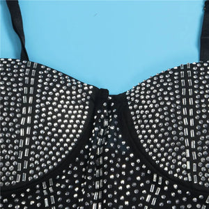 New Women Summer Strap Mesh Patchwork Diamonds Sexy Party Ball Gown Dresses 2023 Fashion Rhinestone Night Club Cake Dress White