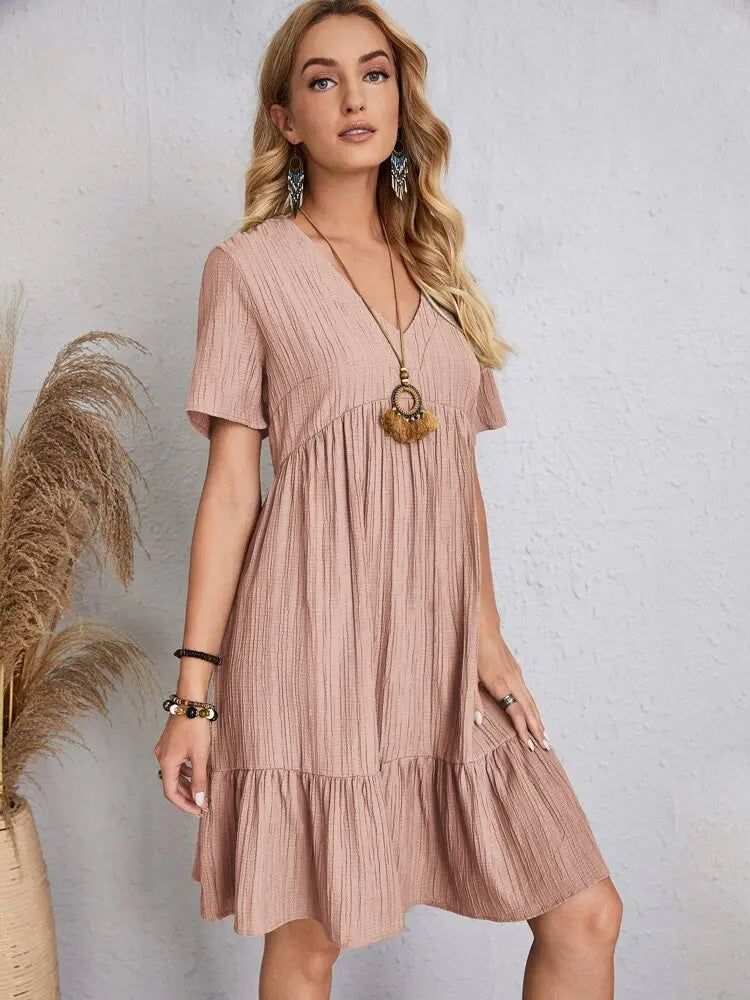 Vintage Solid Elegant Women Dress 2023 Summer Fashion Casual V-Neck High Waist A-Line Mini Dresses Lady Short Sleeve Party Dress