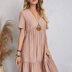 Vintage Solid Elegant Women Dress 2023 Summer Fashion Casual V-Neck High Waist A-Line Mini Dresses Lady Short Sleeve Party Dress