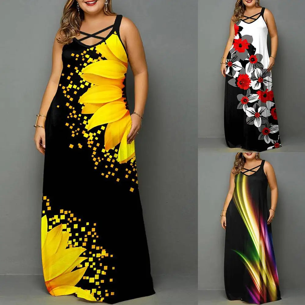 Plus Size Sexy Camisole Dress for Women Clothing 2024 Summer Beach Vacation Female Large Size Long Skirt Oversized Floral Dress