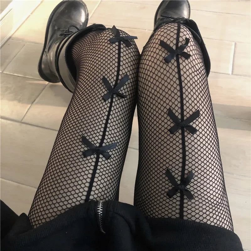 Women Sexy Mesh Fishnet Tights Stockings Pantyhose Bows Transparent Gothic Party Club White Black Women Netting Socks Lingeries