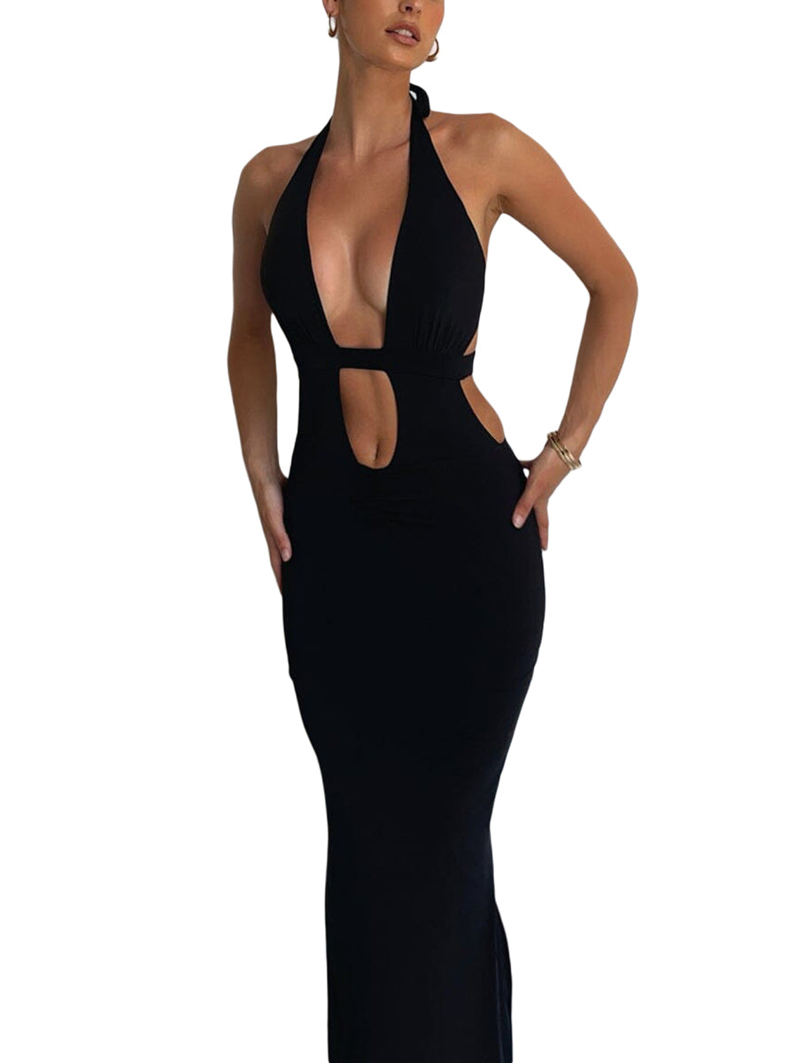 Sexy Cutout Halter Neck Backless Maxi Dress Tie-Up Black Elegant Cocktail Party Dresses for Women Clothing Autumn Fashion