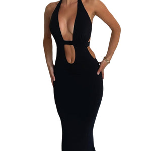 Sexy Cutout Halter Neck Backless Maxi Dress Tie-Up Black Elegant Cocktail Party Dresses for Women Clothing Autumn Fashion