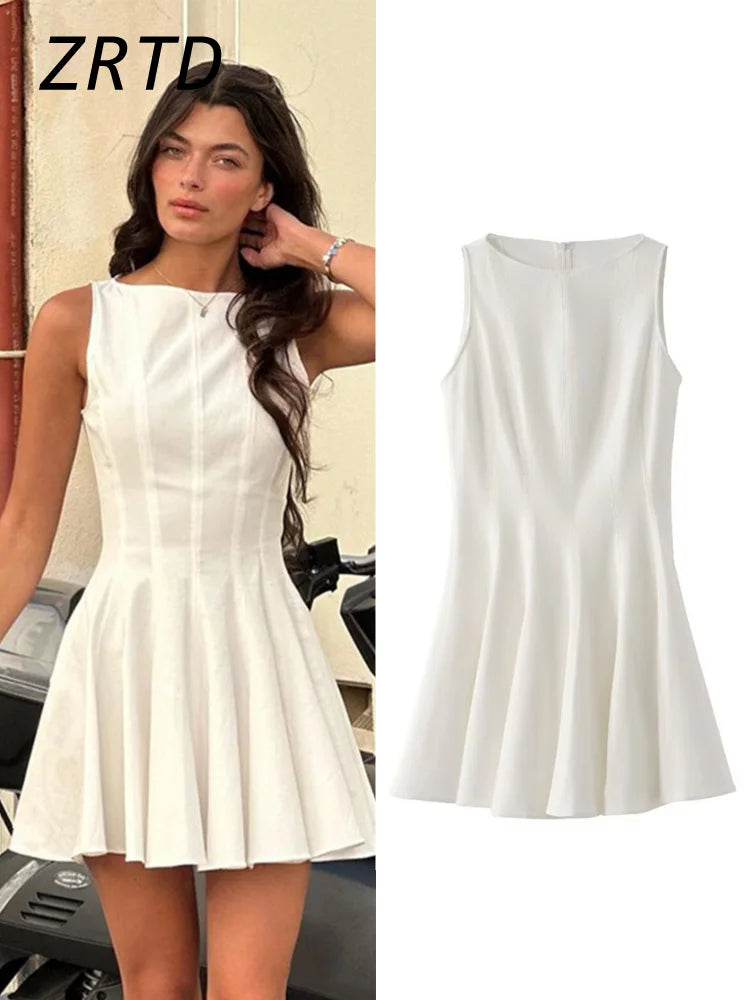 Elegant Pleated Mini Dress Women Slim O-neck Sleeveless High Waist Female Dresses 2024 Summer Fashion Lady High Street Vestidos