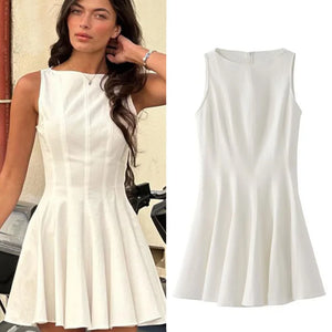 Elegant Pleated Mini Dress Women Slim O-neck Sleeveless High Waist Female Dresses 2024 Summer Fashion Lady High Street Vestidos