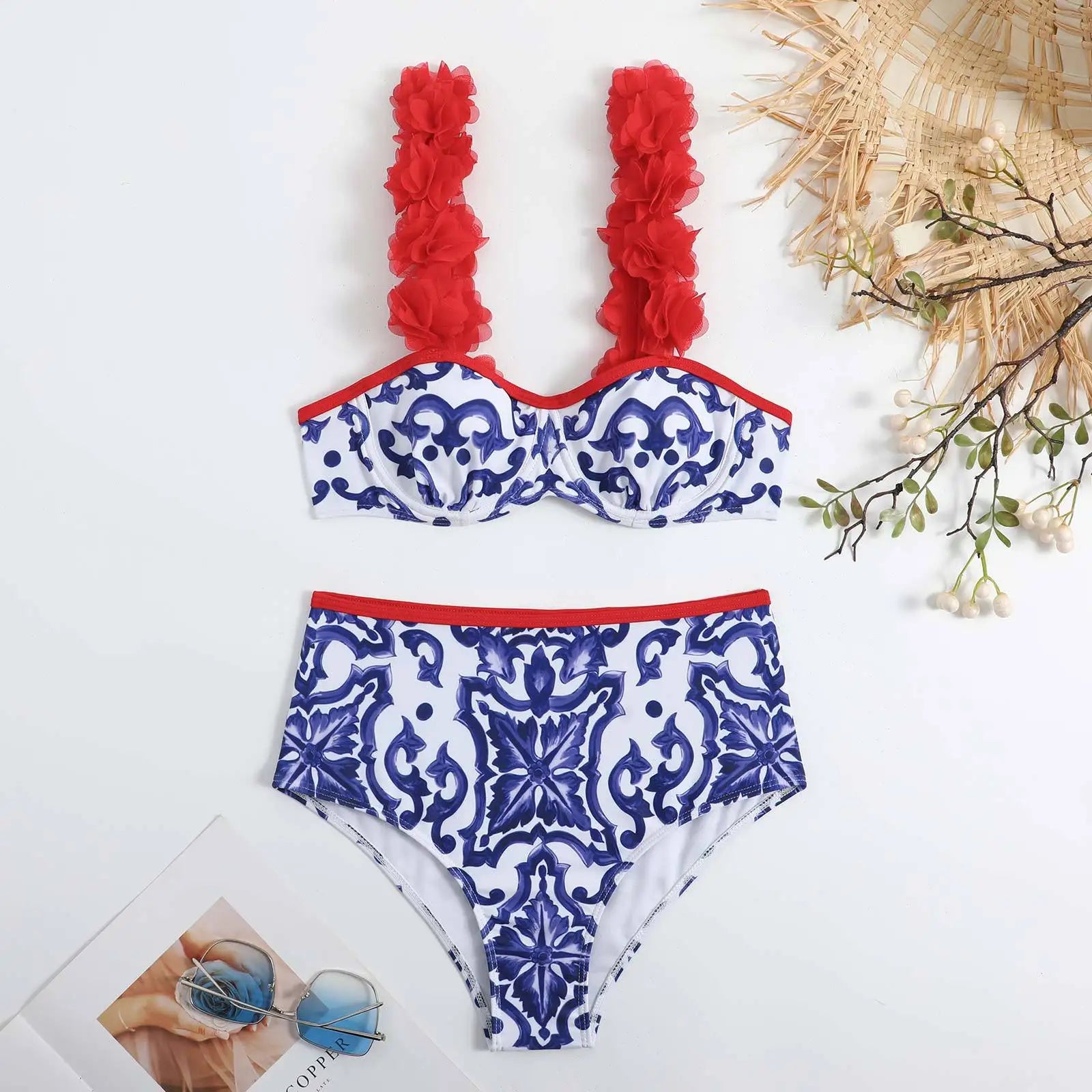 2023 New Arrival Push Up Women Bikini Set Floral Printed Ruffle Bikinis Strappy Bandage Swimwear Brazilian Biquini Bathing Suit