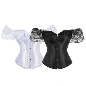 Women Lace Short Sleeve Satin Overbust Corset Sexy Lingerie Body Shaper Corsets Tops White/Black Plus Size S-6XL