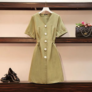 Plus size women's summer casual dress Pure cotton fabric loose comfortable buttons decorated V-neck mid-length skirt tie waist