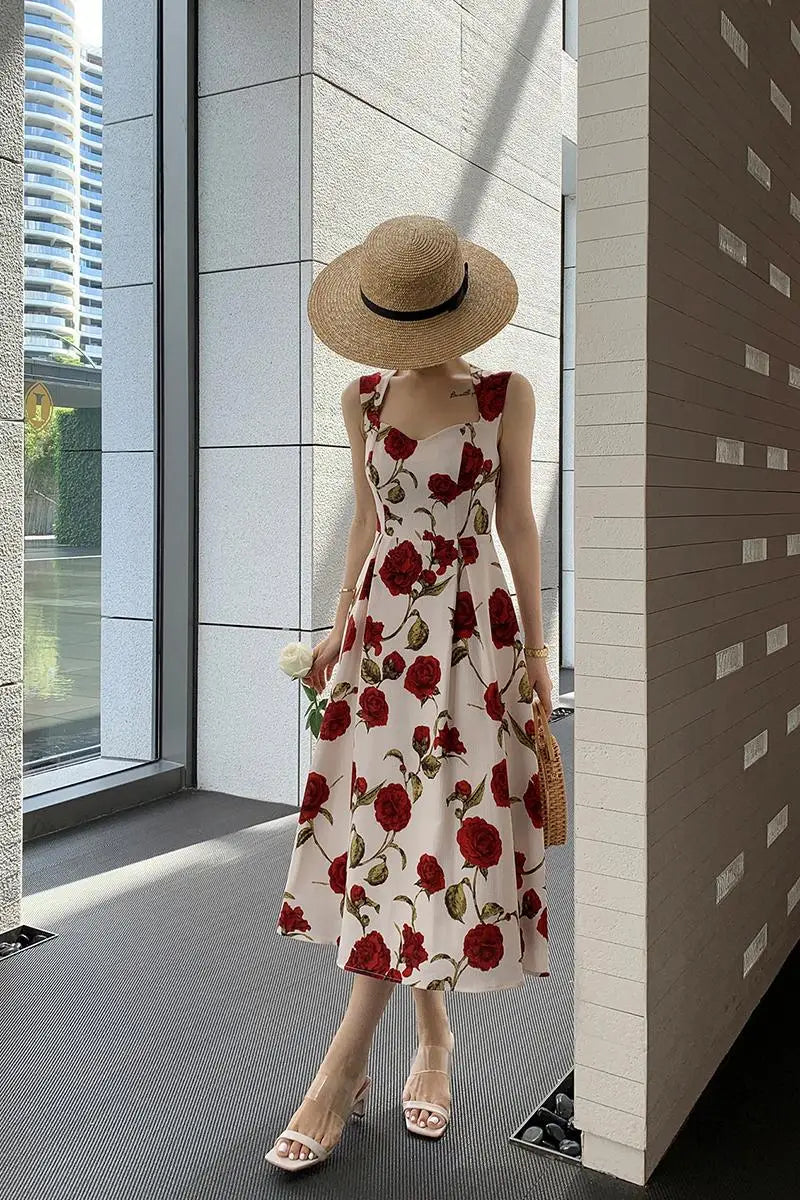 Women's Summer Elegant Floral Print Rose Strap Midi Dress Sleeveless Casual Beach Party Sundress Female Fashion A-Line Vestidos