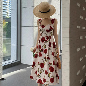 Women's Summer Elegant Floral Print Rose Strap Midi Dress Sleeveless Casual Beach Party Sundress Female Fashion A-Line Vestidos