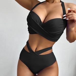 Sexy Yellow Ruched Women's Swimsuit Summer Elegant Push Up Bra High Waist Swiming Suits Ladies Hollow Out Bandage Swimwear