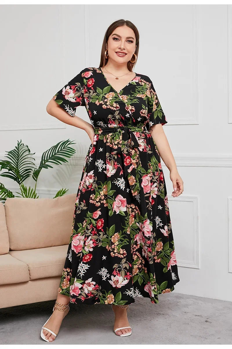 plus size New best-selling oversized loose V-neck dress for women with elastic waist  short sleeved printed long skirt