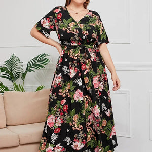 plus size New best-selling oversized loose V-neck dress for women with elastic waist  short sleeved printed long skirt