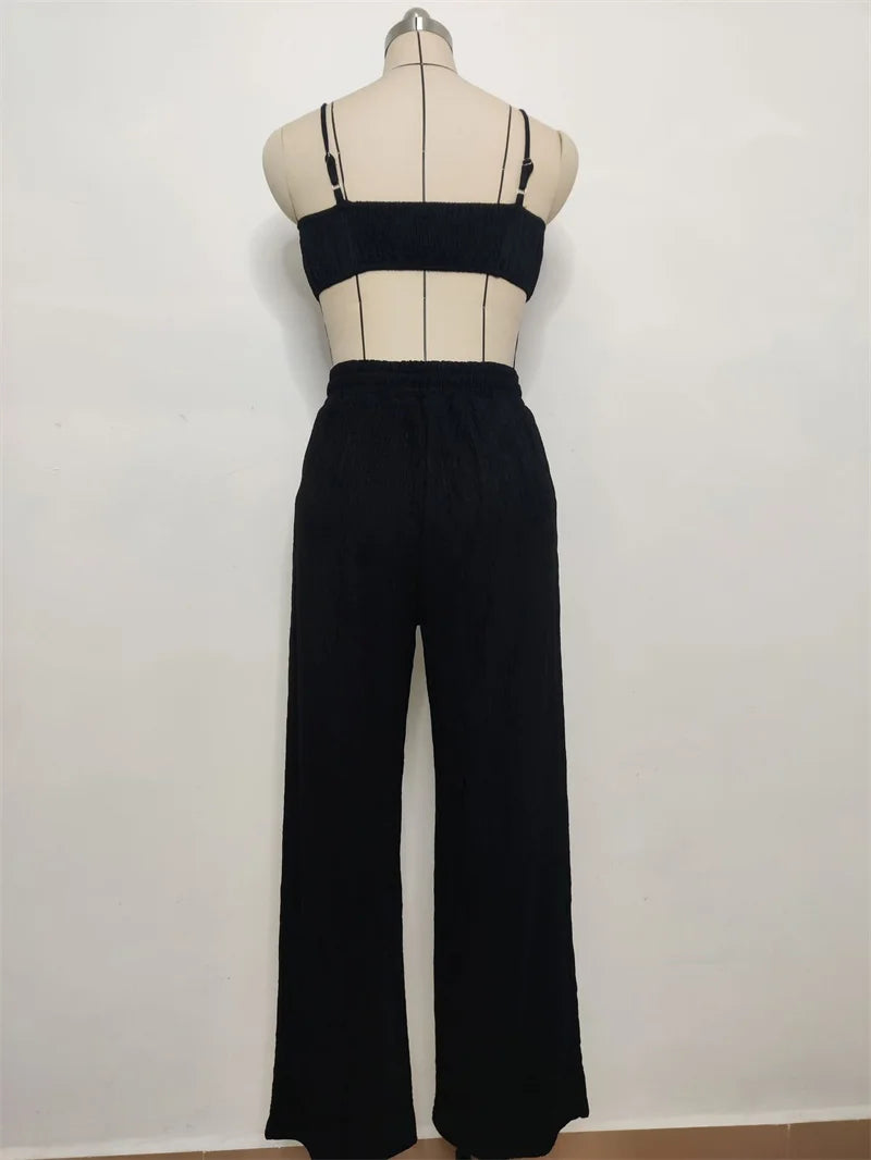 Women's Pleated Black Wide Leg Pants Set Sexy Drawstring Tracksuits Jogging Suit Short Top Streetwear Summer Outfits Y2k Clothes