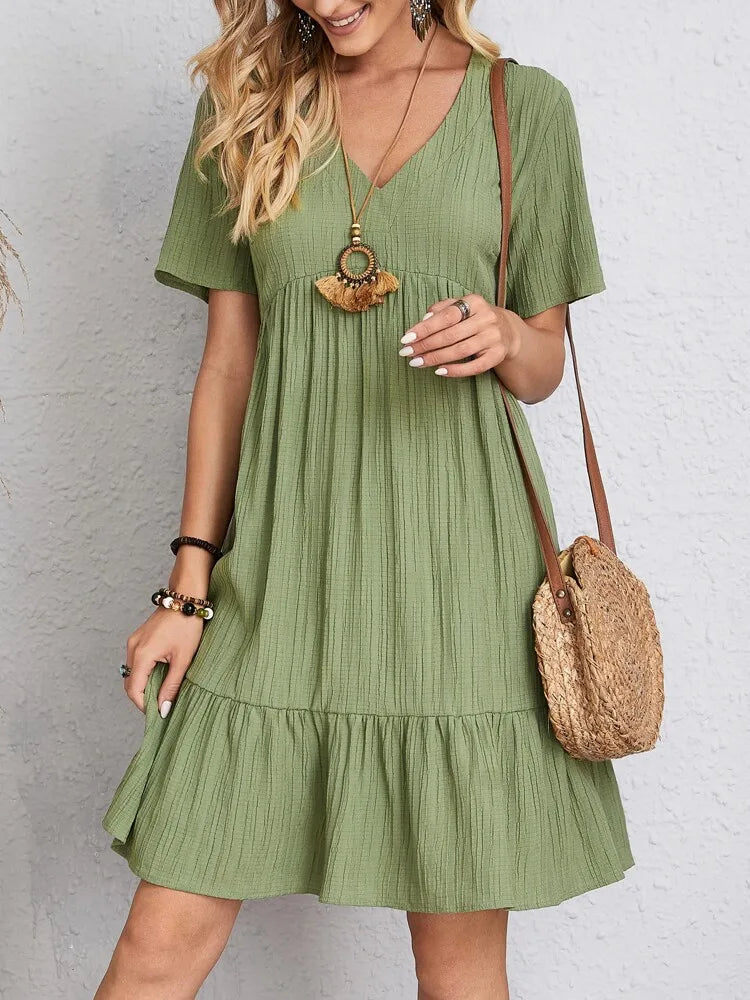 Vintage Solid Elegant Women Dress 2023 Summer Fashion Casual V-Neck High Waist A-Line Mini Dresses Lady Short Sleeve Party Dress