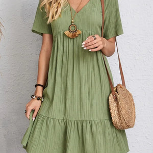 Vintage Solid Elegant Women Dress 2023 Summer Fashion Casual V-Neck High Waist A-Line Mini Dresses Lady Short Sleeve Party Dress