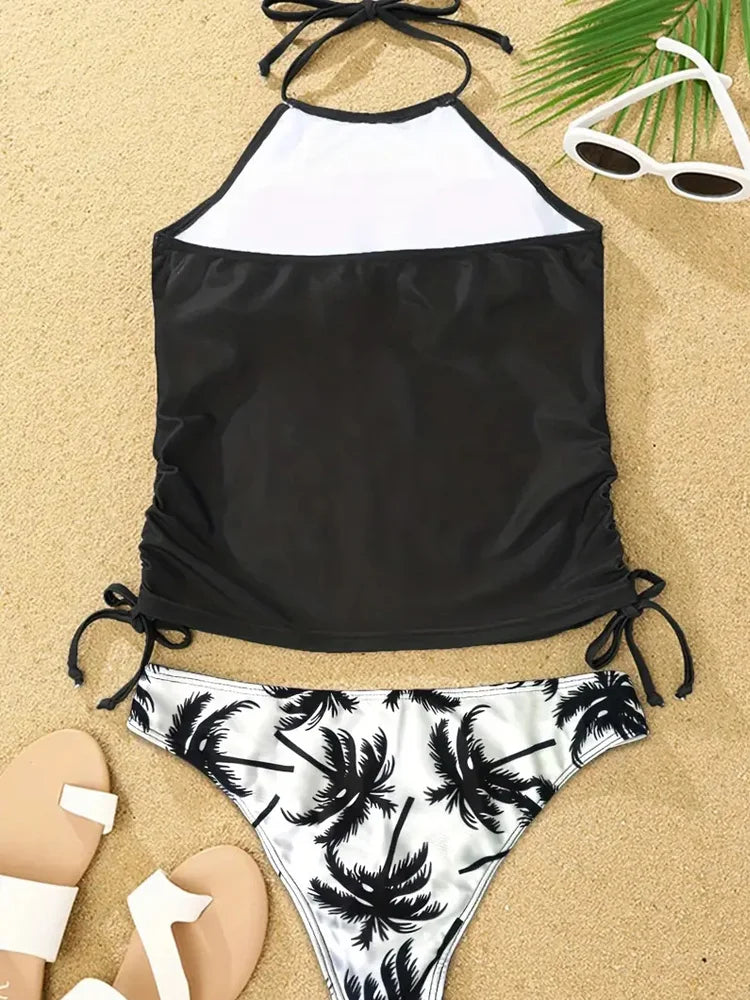 2024 Sexy Solid Print Tankini Set Tied Halter Swimsuit Women Swimwear Biquinis Summer Backless Beach Bathing Suit