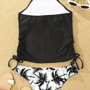 2024 Sexy Solid Print Tankini Set Tied Halter Swimsuit Women Swimwear Biquinis Summer Backless Beach Bathing Suit