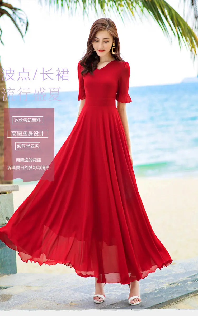 V-neck Elegant Fashion Short Sleeve Solid Color Slender Knee-length A-LINE Dresses Empire Comfortable Chiffon Women's Clothing