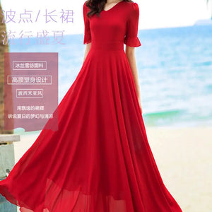 V-neck Elegant Fashion Short Sleeve Solid Color Slender Knee-length A-LINE Dresses Empire Comfortable Chiffon Women's Clothing