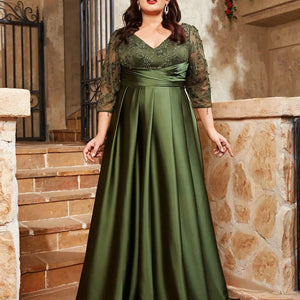 Mgiacy  plus size V-neck lace embroidery Mosaic satin cloth hand-folded long skirt Evening gown ball dress Party dress