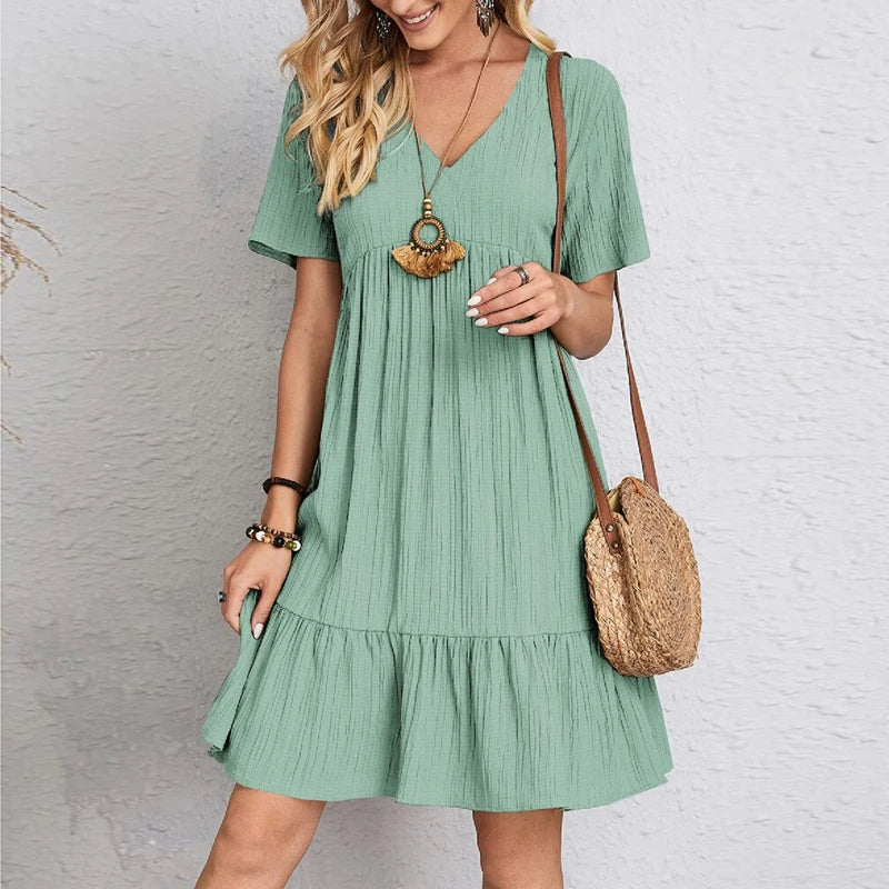 Vintage Solid Elegant Women Dress 2023 Summer Fashion Casual V-Neck High Waist A-Line Mini Dresses Lady Short Sleeve Party Dress