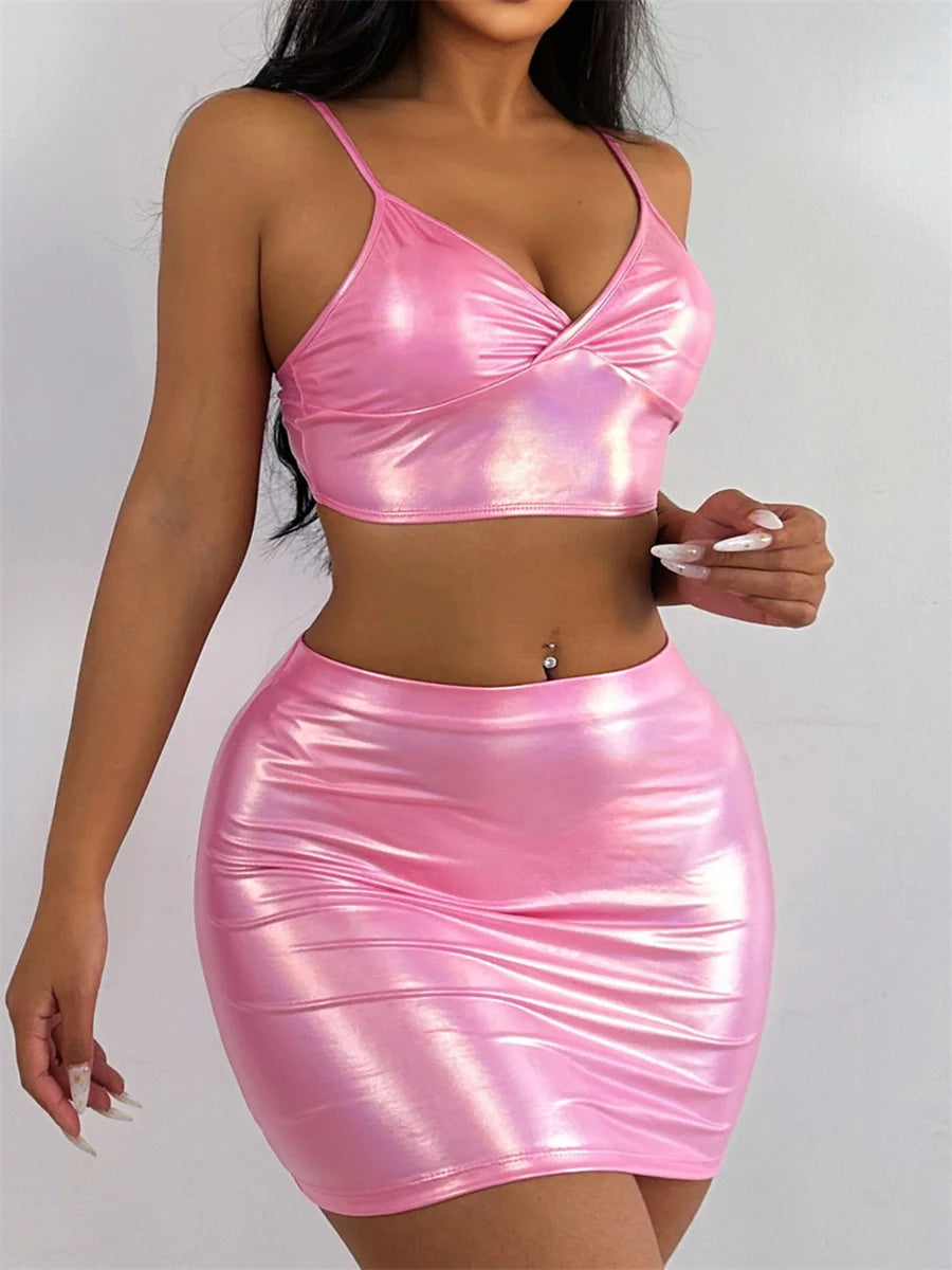 3 Piece High Waist Bikini Set Women Pink PU Leather Push Up Top with Pleate Skirt Swimsuit 2024 Summer Bathing Suit Swimwear