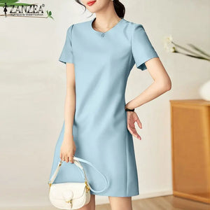 ZANZEA Summer Fashion OL Work Dress Woman Short Sleeve O-Neck Dresses Elegant Solid Knee Length Robe Casual Street Sundress 2023