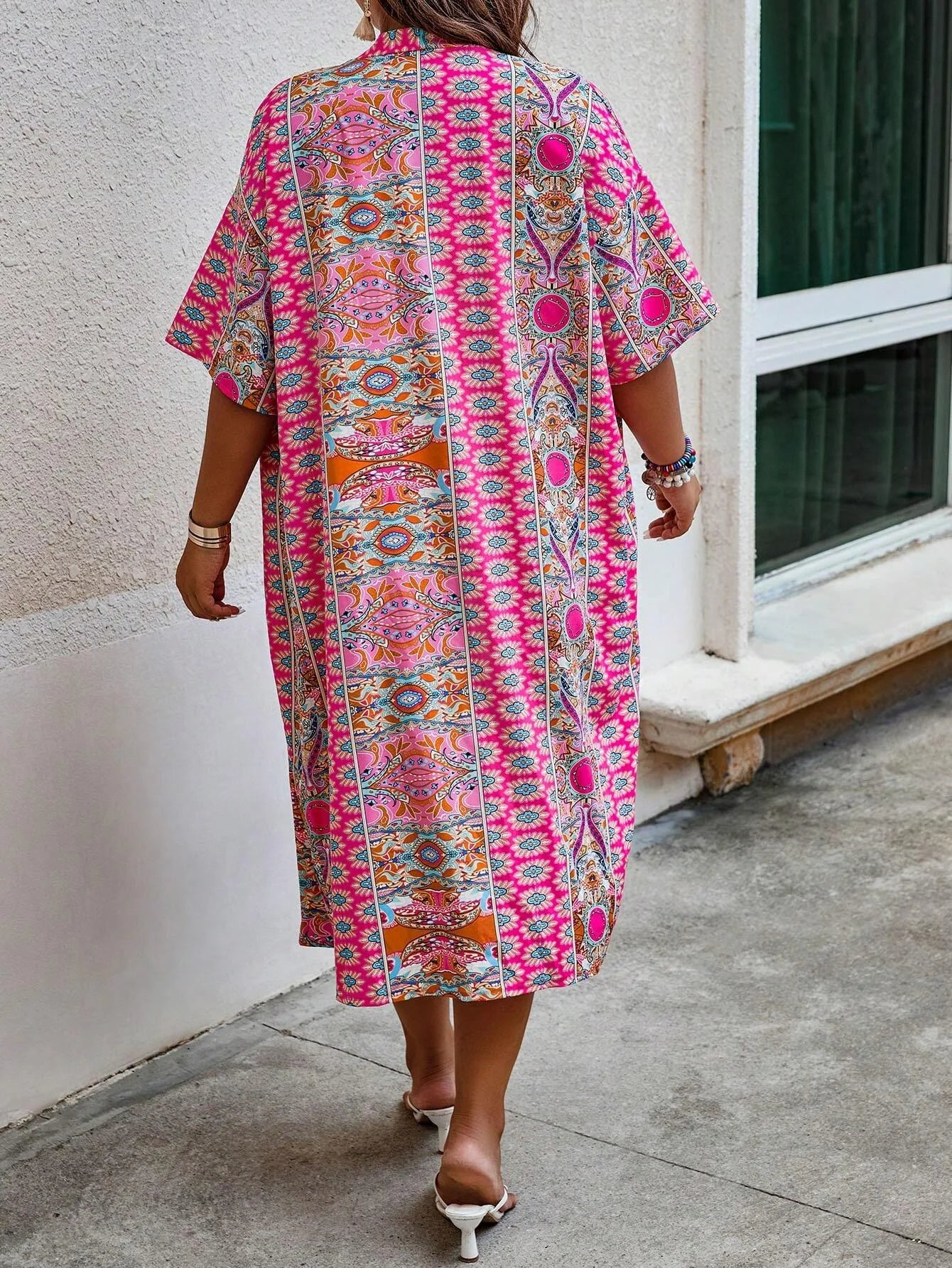 Women's Plus Size Printed Two-piece Set, featuring a bohemian print open front kimono with short sleeves and shorts ensemble.