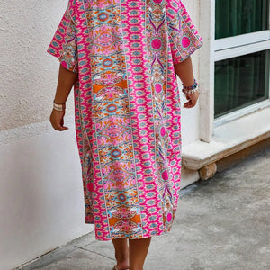 Women's Plus Size Printed Two-piece Set, featuring a bohemian print open front kimono with short sleeves and shorts ensemble.