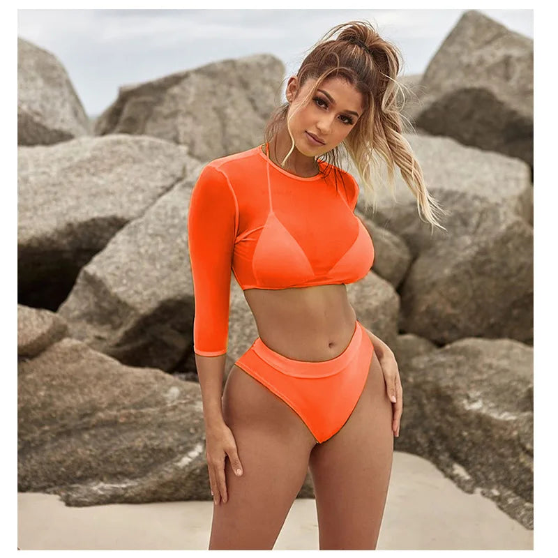 Sexy Neon orange Bikini 2023 Women Long Sleeve Mesh Cover Up 3 Piece Swimsuit High Cut Push Up Bathing Suit high waist Swimwear