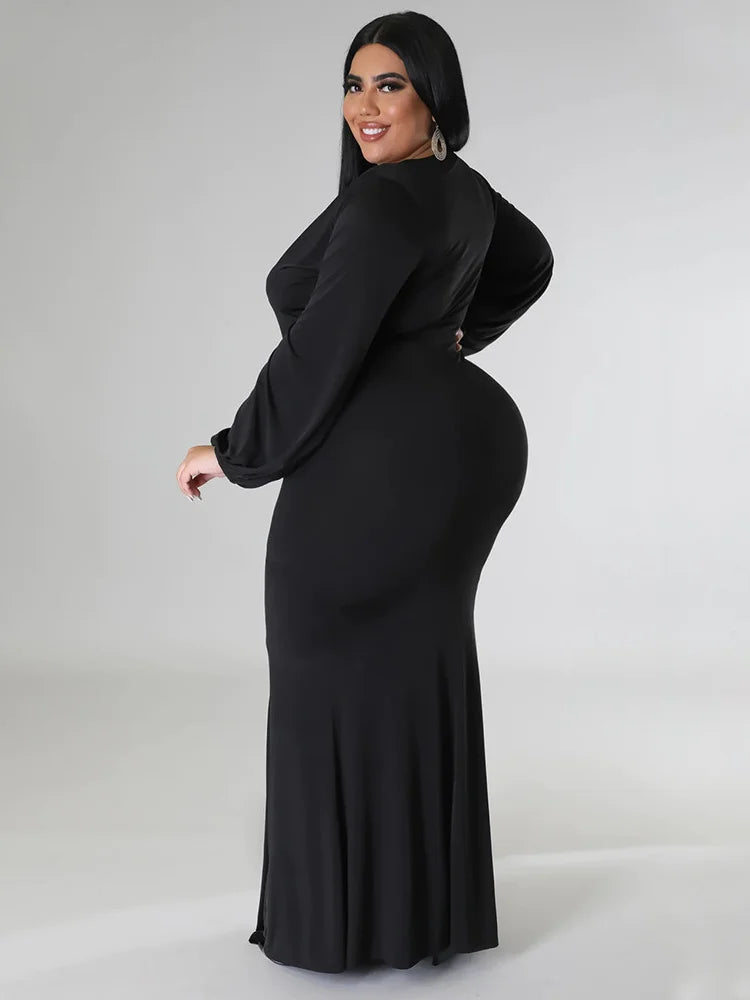 Wmstar Plus Size Party Dresses for Women Long Sleeve Stretch Sexy V Neck Elegant Maxi Dress Fall Clothes Wholesale Dropshipping